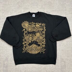 Vtg 90s Jerzees Sweatshirt Golden Owl Floral Design Rhinestone Sz Large Adult